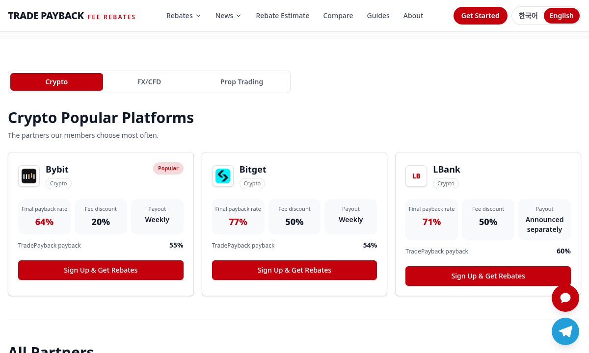 Actual TradePayback interface: Choose the partner and open its detail page