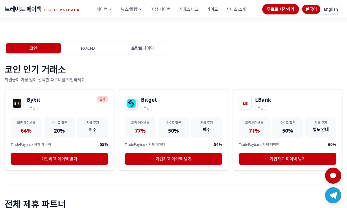 TradePayback 실제 화면: 거래소를 선택하고 상세 페이지를 확인하세요